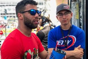 Darrell Wallace Jr. spends some time with Petty eSports driver Diego Alvarado (diego dd18) prior to the season kickoff for the eNASCAR Heat Pro League