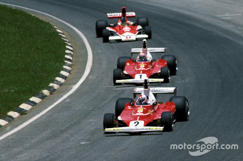 Clay Regazzoni, Ferrari 312T, Niki Lauda, Ferrari and James Hunt, McLaren