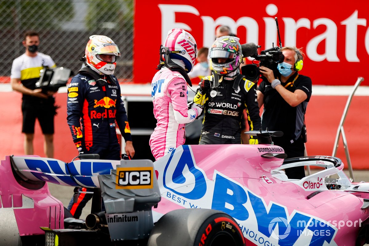 Max Verstappen, Red Bull Racing, Daniel Ricciardo, Renault F1 e Nico Hulkenberg, Racing Point festeggia nel Parc Ferme