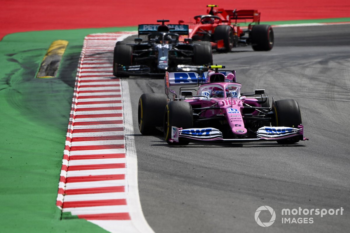 Lance Stroll, Racing Point RP20, leads Lewis Hamilton, Mercedes F1 W11 EQ Performance, and Charles Leclerc, Ferrari SF1000