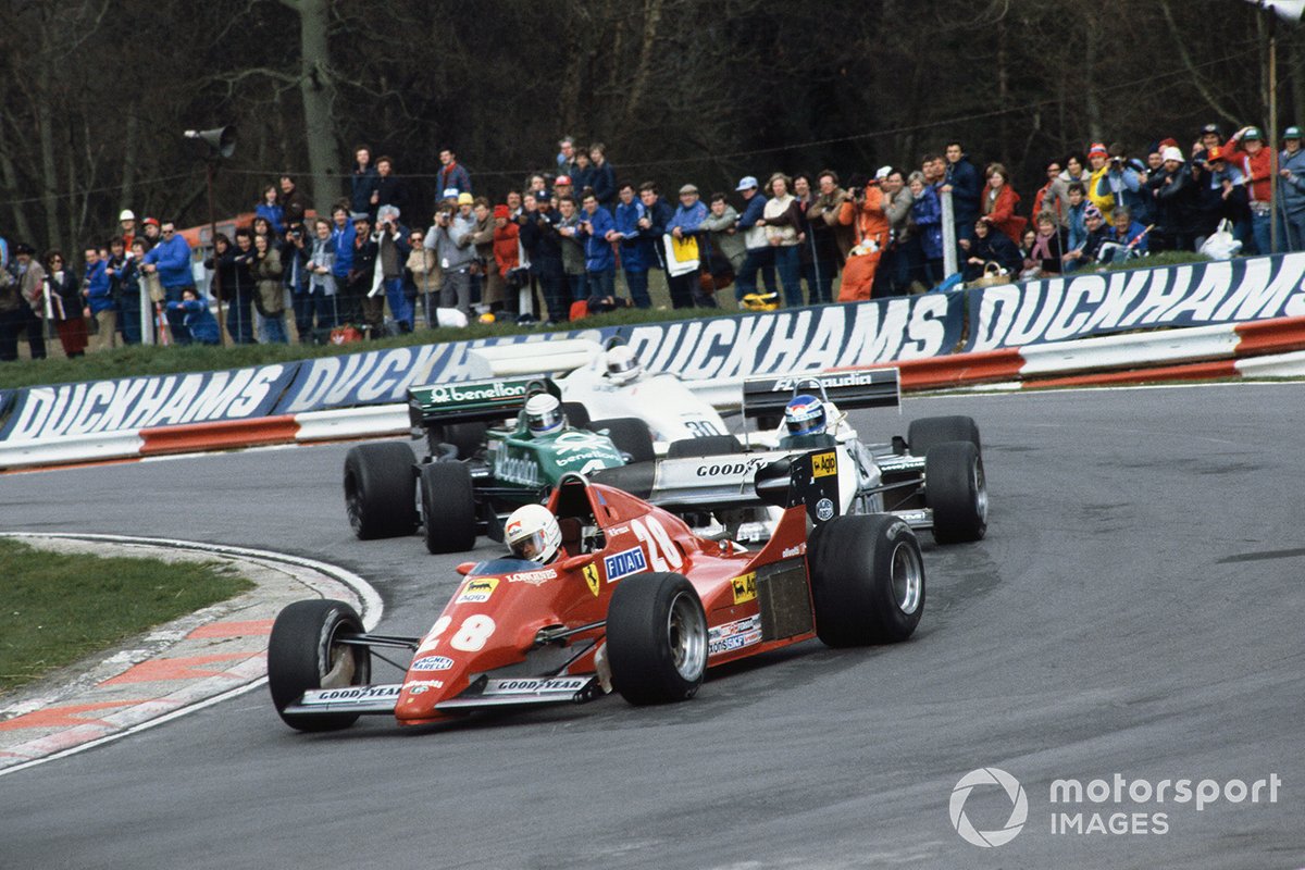 Rene Arnoux, Ferrari 126C2B, Keke Rosberg, Williams FW08C-Cosworth, Danny Sullivan, Tyrrell 011-Cosworth y Alan Jones, Arrows A6-Cosworth