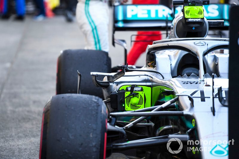 The car of Lewis Hamilton, Mercedes AMG F1 W10, with broken mirror, in Parc Ferme