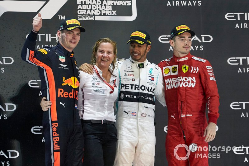 Max Verstappen, Red Bull Racing, 2nd position, Lewis Hamilton, Mercedes AMG F1, 1st position, and Charles Leclerc, Ferrari, 3rd position, on the podium