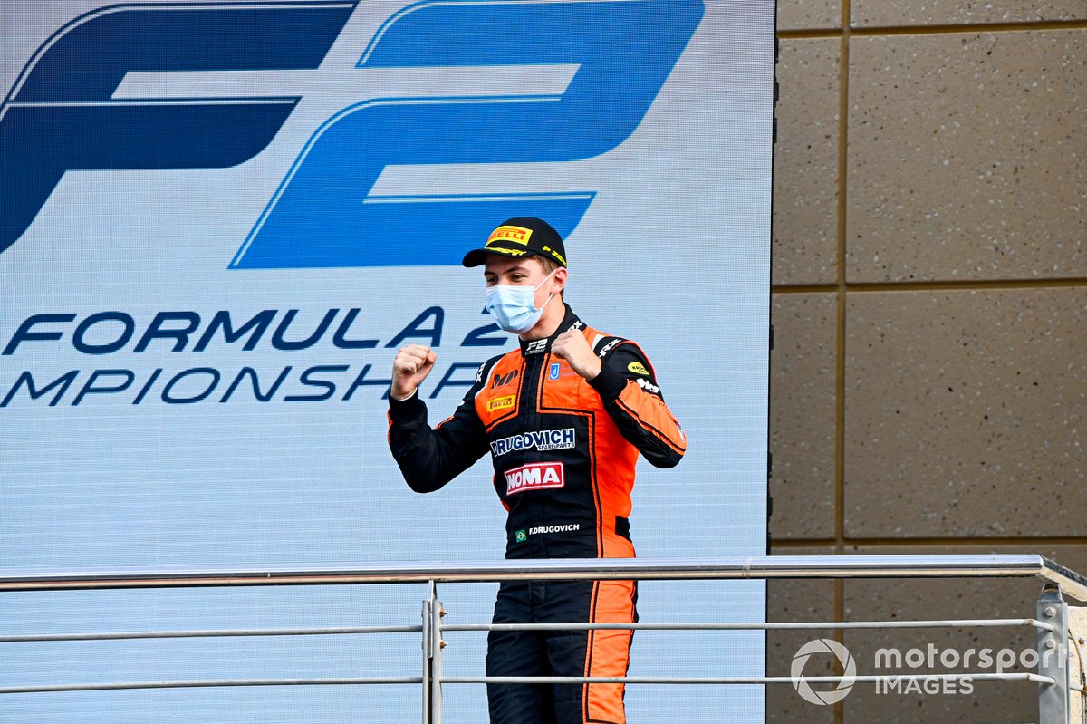 Race Winner Felipe Drugovich, MP Motorsport celebrates on the podium