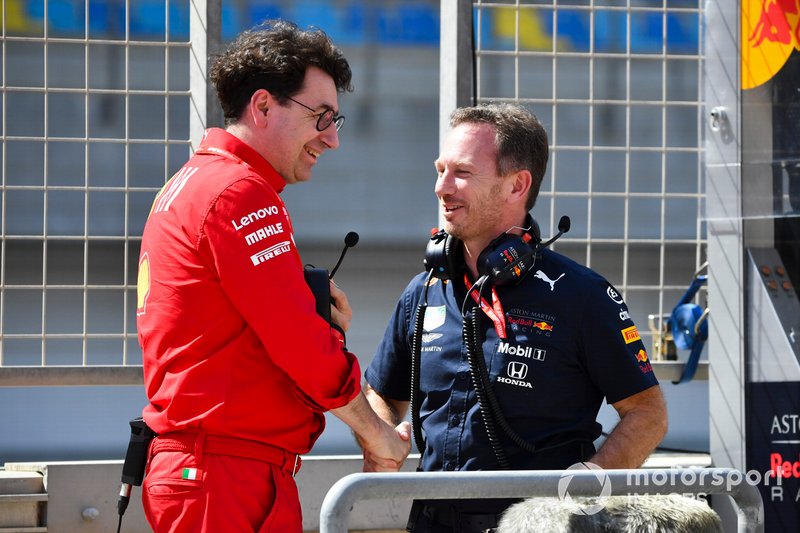 Mattia Binotto, Team Principal Ferrari, with Christian Horner, Team Principal, Red Bull Racing