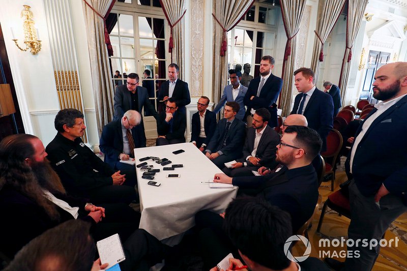 Guenther Steiner, Team Principal, Haas F1 and William Storey, CEO Rich Energy speak with the media