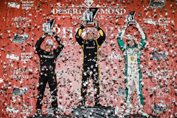 Podium: second place Will Power, Team Penske Chevrolet, race winner Simon Pagenaud, Team Penske Chevrolet, third place J.R. Hildebrand, Ed Carpenter Racing Chevrolet
