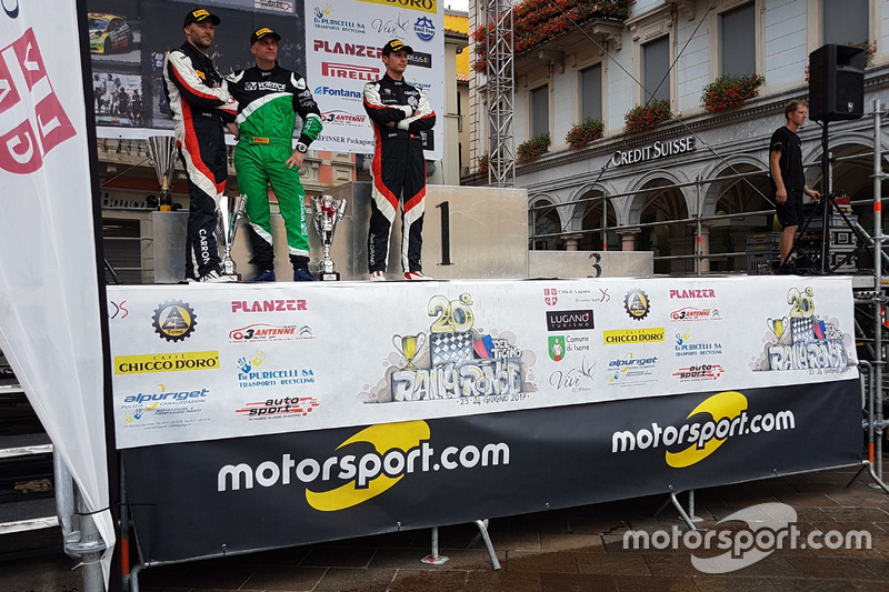 Sébastien Carron, Vincent Landais, Paolo Pianca sul podio, Rally Ronde del Ticino