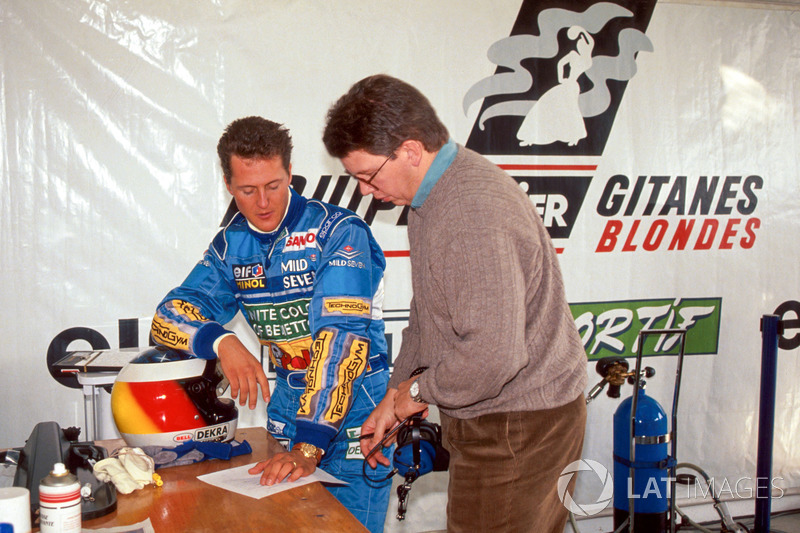 Michael Schumacher and Benetton technical director Ross Brawn evaluate the performance of the Ligier JS39B and the Renault V10 engine