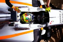 Sergio Perez, Force India, in cockpit, in the pit lane