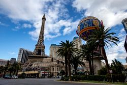 Las Vegas Strip atmosphere, including replica Eiffel Tower and balloon at the Paris Las Vegas hotel
