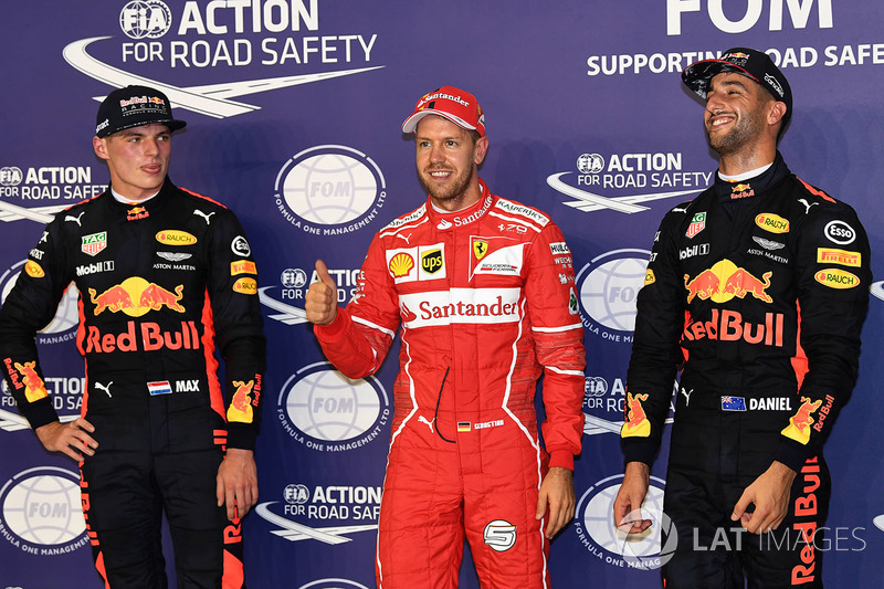 Polesitter Sebastian Vettel, Ferrari; 2. Max Verstappen, Red Bull Racing; 3. Daniel Ricciardo, Red B