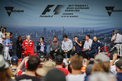 Maurizio Arrivabene, Team Principal, Ferrari, Monisha Kaltenborn, Team Principal and CEO, Sauber, Guenther Steiner, Team Principal, Haas F1 Team, Toto Wolff, Executive Director (Business), Mercedes AMG, Christian Horner, Team Principal, Red Bull Racing, Eric Boullier, Racing Director, McLaren, and Franz Tost, Team Principal, Scuderia Toro Rosso, on stage