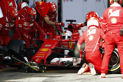 Sebastian Vettel, Ferrari SF70H, makes a pit stop