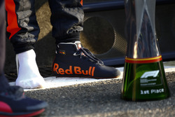 The winning trophy and the shoe of Daniel Ricciardo, Red Bull Racing, 1st position