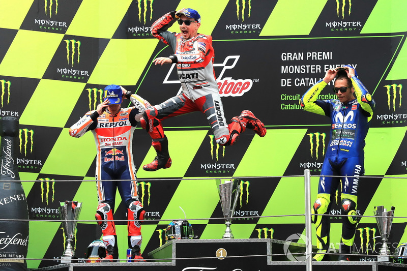 Podium: second place Marc Marquez, Repsol Honda Team, Race winner Jorge Lorenzo, Ducati Team, third place Valentino Rossi, Yamaha Factory Racing