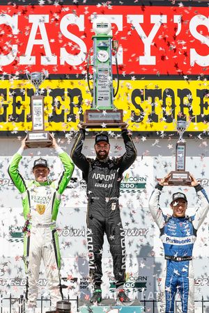 Spencer Pigot, Ed Carpenter Racing Chevrolet, James Hinchcliffe, Schmidt Peterson Motorsports Honda, Takuma Sato, Rahal Letterman Lanigan Racing Honda, podium