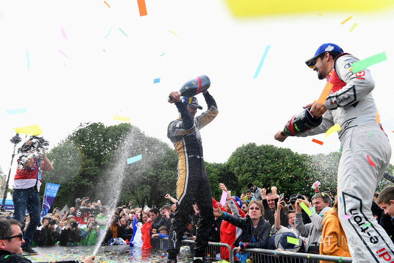 Jean-Eric Vergne, Techeetah, wins the Paris ePrix, Lucas di Grassi, Audi Sport ABT Schaeffler, finishes 2nd, Sam Bird, DS Virgin Racing, in 3rd