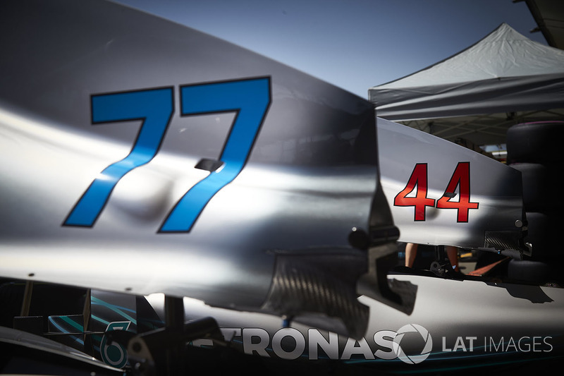 Numbers 44 and 77 on the bodywork of the Lewis Hamilton and Valtteri Bottas Mercedes AMG F1 W09 cars
