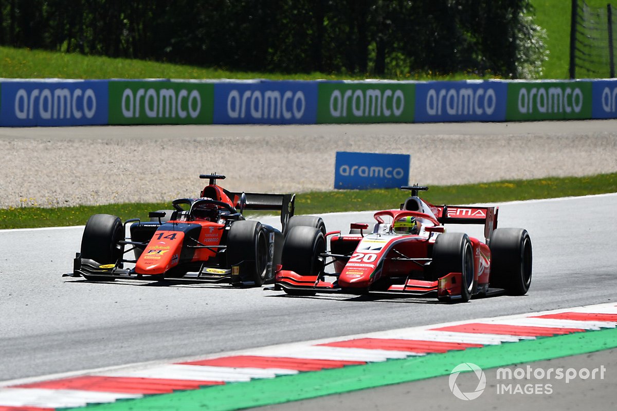 Mick Schumacher, Prema Racing, leads Nobuharu Matsushita, MP Motorsport