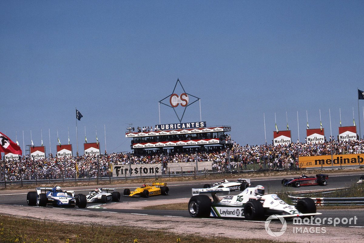 Alan Jones,  Williams FW07, Didier Pironi,  Ligier JS11/15 y Nelson Piquet,  Brabham BT4