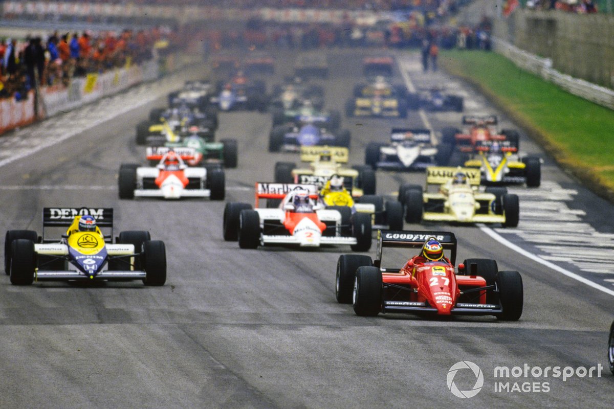 Michele Alboreto, Ferrari 156/85, leads Keke Rosberg, Williams FW10 Honda, Alain Prost, McLaren MP4-2B TAG, Nigel Mansell, Williams FW10 Honda, and Thierry Boutsen, Arrows A8 BMW, at the start