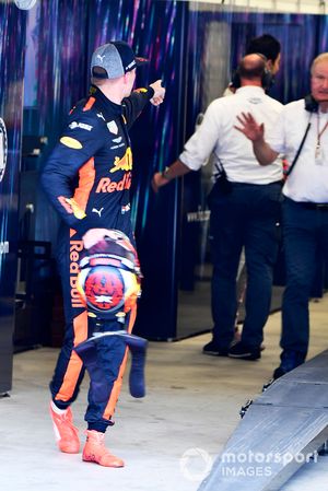 Max Verstappen, Red Bull Racing and Esteban Ocon, Racing Point Force India square up after the race following their on track crash 