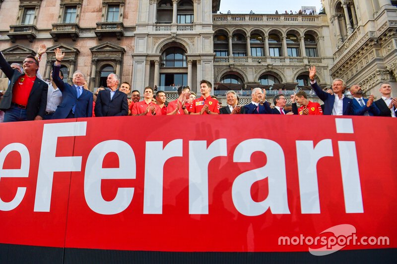 Charles Leclerc, Ferrari stands amongst the Ferrari Academy drivers and former Ferrari F1 drivers and team personnel