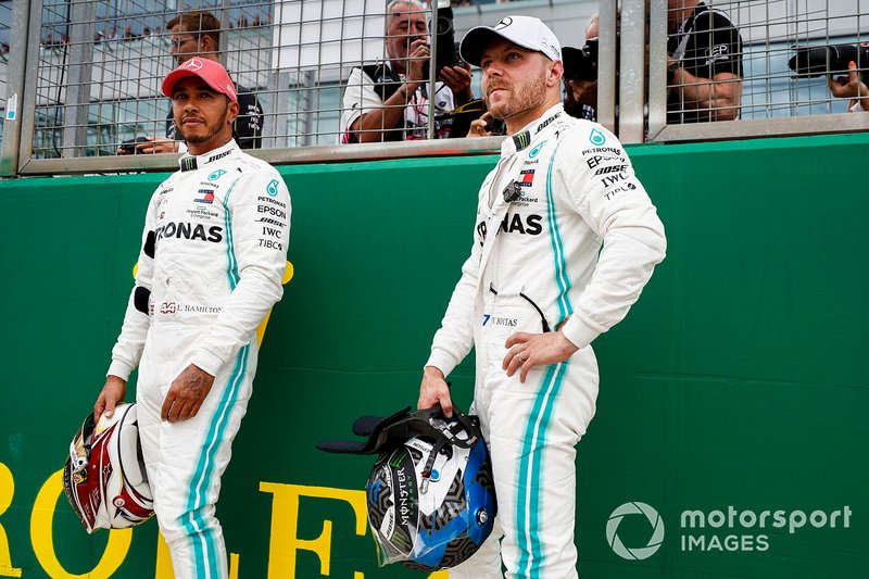 Front row starters Lewis Hamilton, Mercedes AMG F1, and Pole man Valtteri Bottas, Mercedes AMG F1