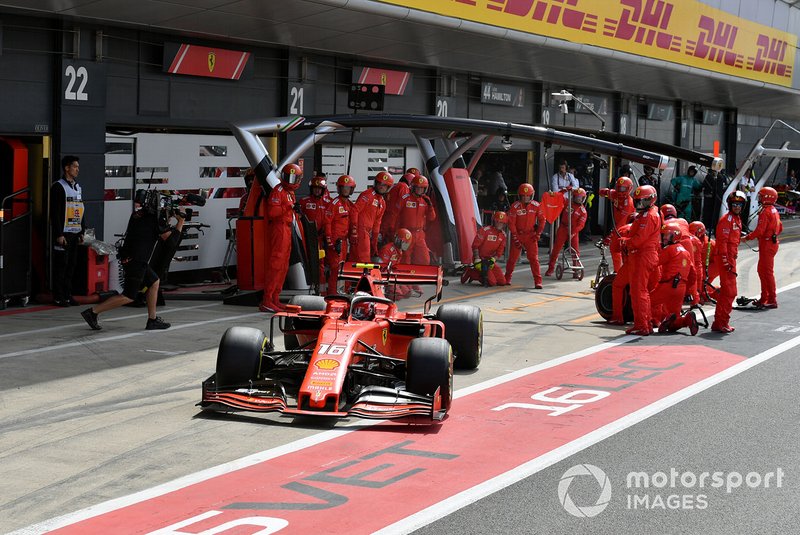 Charles Leclerc, Ferrari SF90, leaves his pit box after a stop