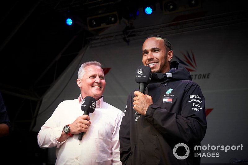 Johnny Herbert, Sky Sports F1, and Lewis Hamilton, Mercedes AMG F1, on stage