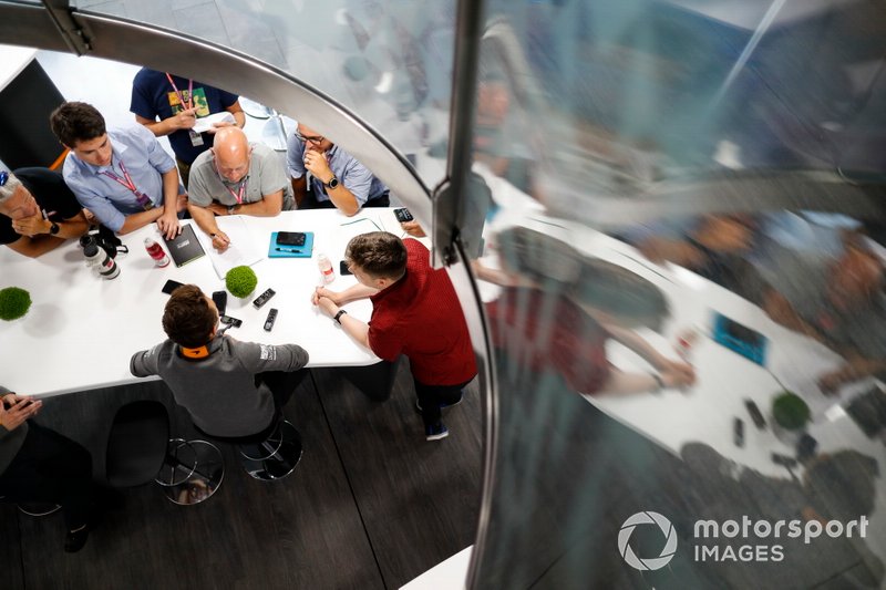 Lando Norris, McLaren, talks to the media