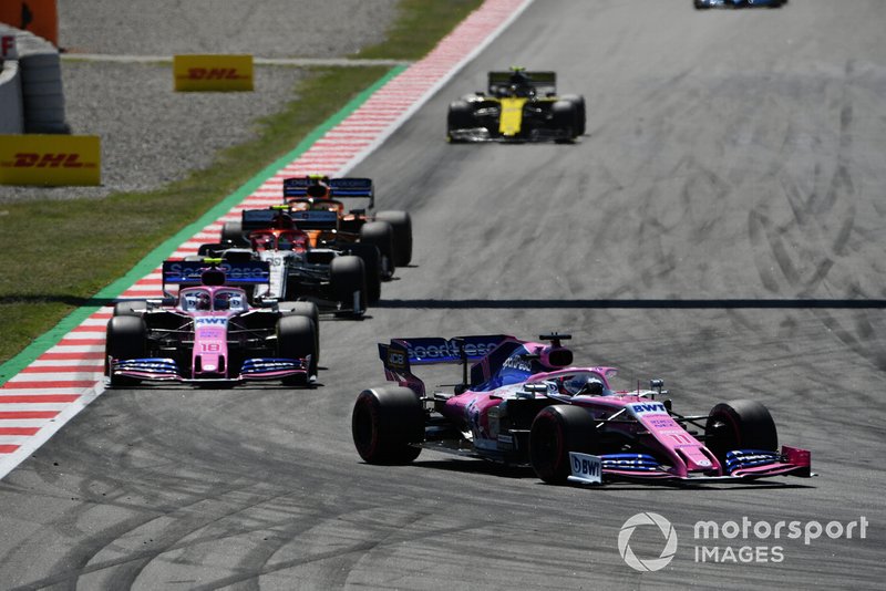 Sergio Perez, Racing Point RP19, leads Lance Stroll, Racing Point RP19, Antonio Giovinazzi, Alfa Romeo Racing C38, and Lando Norris, McLaren MCL34