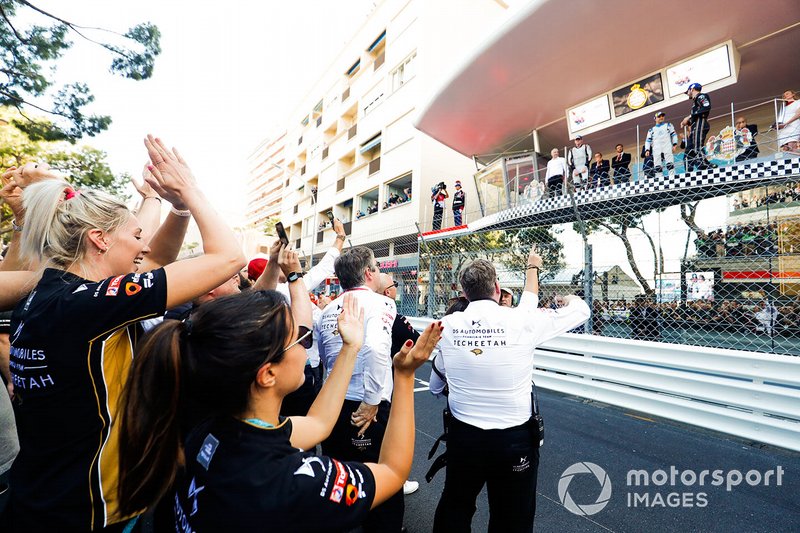 The DS TECHEETAH team celebrate victory under the podium