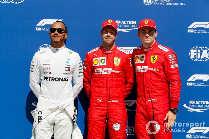 Top three Qualifiers Lewis Hamilton, Mercedes AMG F1, pole man Sebastian Vettel, Ferrari, and Charles Leclerc, Ferrari