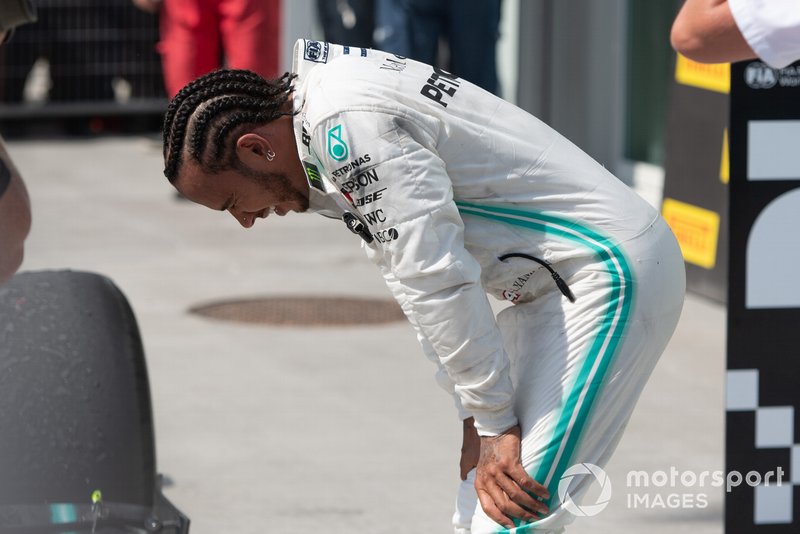 Lewis Hamilton, Mercedes AMG F1, 1st position, catches his breath in Parc Ferme
