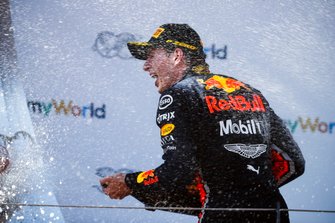 Max Verstappen, Red Bull Racing, 1st position, celebrates on the podium