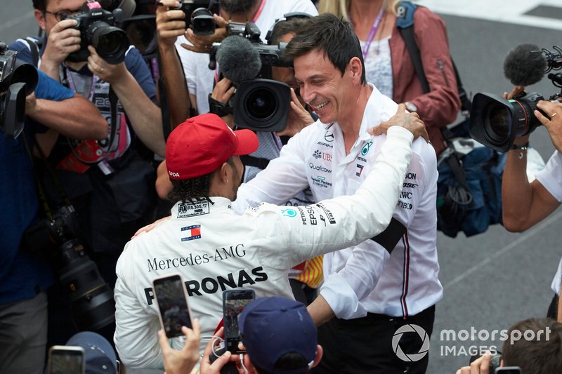 Lewis Hamilton, Mercedes AMG F1, 1st position, celebrates after the race with Toto Wolff, Executive Director (Business), Mercedes AMG