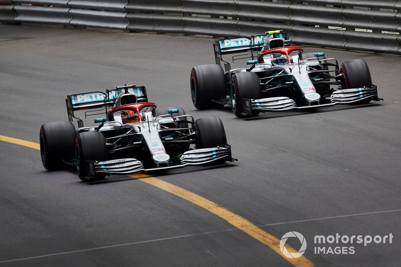 Lewis Hamilton, Mercedes AMG F1 W10, leads Valtteri Bottas, Mercedes AMG W10