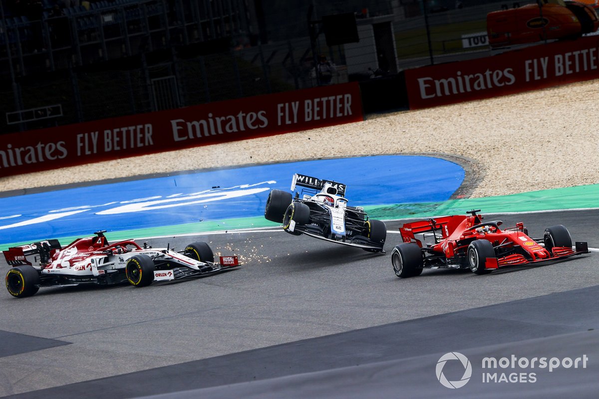 Sebastian Vettel, Ferrari SF1000 with Kimi Raikkonen, Alfa Romeo Racing C39 and George Russell, Williams FW43 crashing 