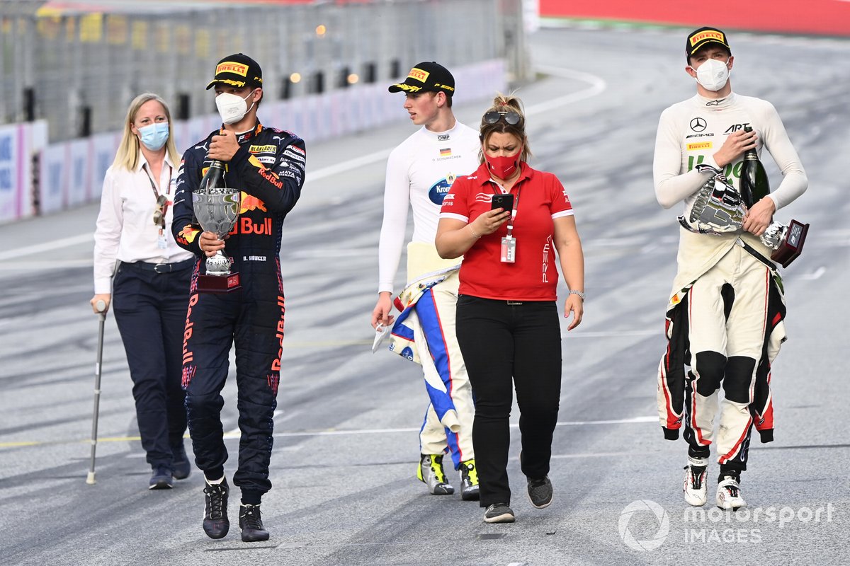 Dennis Hauger, Prema Racing, 3rd Position, David Schumacher, Trident, 1st Position, And Frederik Vesti, ART Grand Prix, 2nd Position