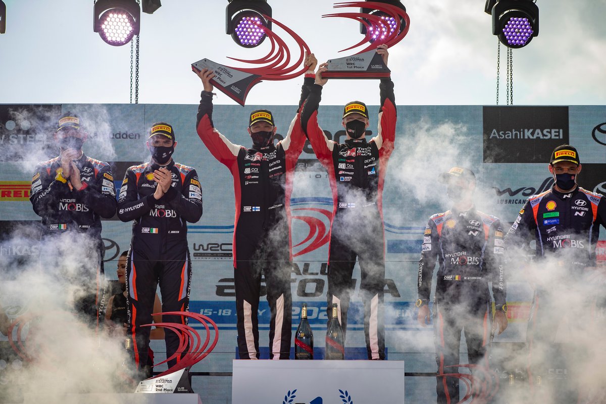 Podio: Ganador Kalle Rovanperä, Jonne Halttunen, Toyota Gazoo Racing WRT Toyota Yaris WRC, segundo lugar Craig Breen, Paul Nagle, Hyundai Motorsport Hyundai i20 Coupe WRC, tercer lugar Thierry Neuville, Martijn Wydaeghe, Hyundai Motorsport Hyundai i20 Coupe WRC