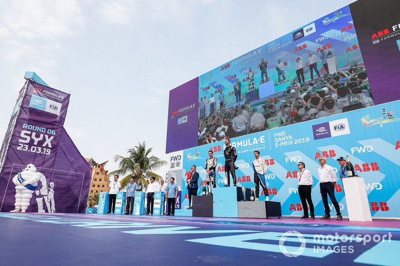 Jean-Eric Vergne, DS TECHEETAH, 1st position, Oliver Rowland, Nissan e.Dams, 2nd position, Antonio Felix da Costa, BMW I Andretti Motorsports, 3rd position, on the podium