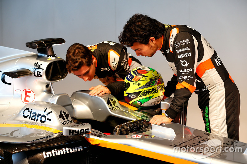 (L to R): Esteban Ocon, Sahara Force India F1 Team with Sergio Perez, Sahara Force India F1 and the Sahara Force India F1 VJM10