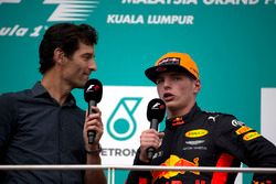 Mark Webber, race winner Max Verstappen, Red Bull Racing celebrate on the podium