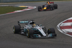 Lewis Hamilton, Mercedes AMG F1 W08, leads Daniel Ricciardo, Red Bull Racing RB13