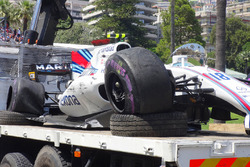 The crashed car of Lance Stroll, Williams FW40