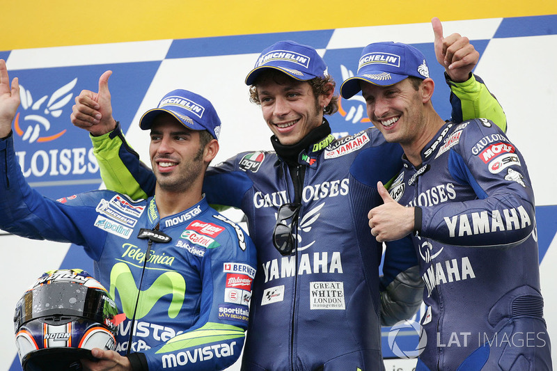 Podio: il vincitore Valentino Rossi, secondo Marco Melandri, terzo Colin Edwards