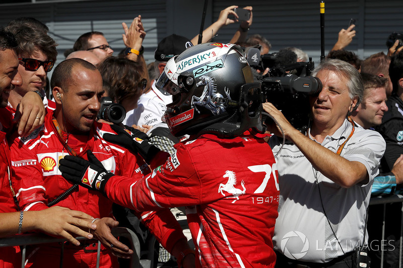 Sebastian Vettel, Ferrari celebrates in parc ferme, the team