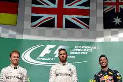 The podium (L to R): Nico Rosberg, Mercedes AMG F1, second; Lewis Hamilton, Mercedes AMG F1, race winner; Daniel Ricciardo, Red Bull Racing, third